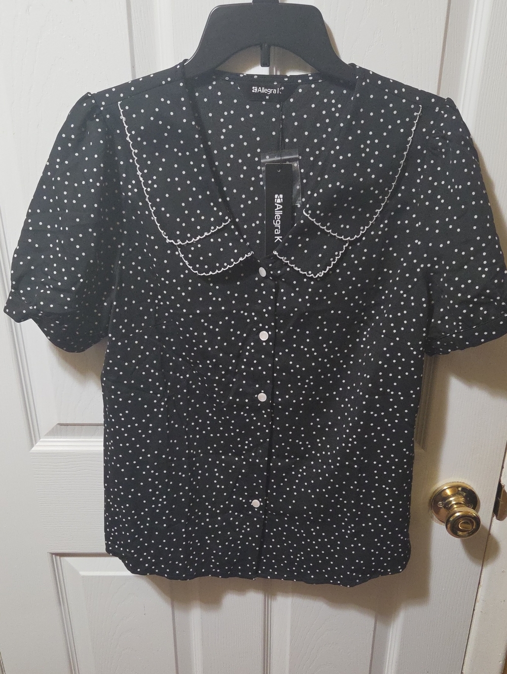 Allegra K Black and White Polka Dot Short-Sleeve Blouse with Scalloped Collar
